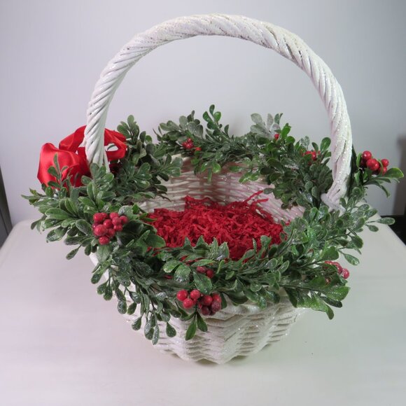 Snowy White Wicker (Strong) Basket w Holly Greenery (removable) - Picture 3 of 15